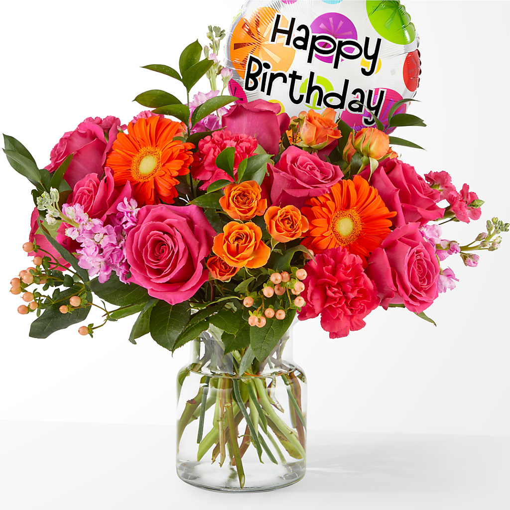 Fiesta Bouquet with Birthday Balloon – Bush Flower Shop, North Augusta SC
