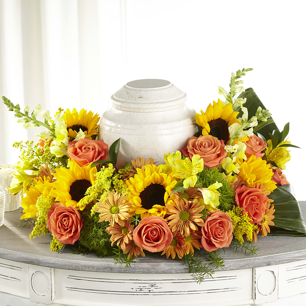 Faithful Sunflower Cremation Adornment – Bush Flower Shop, North Augusta SC