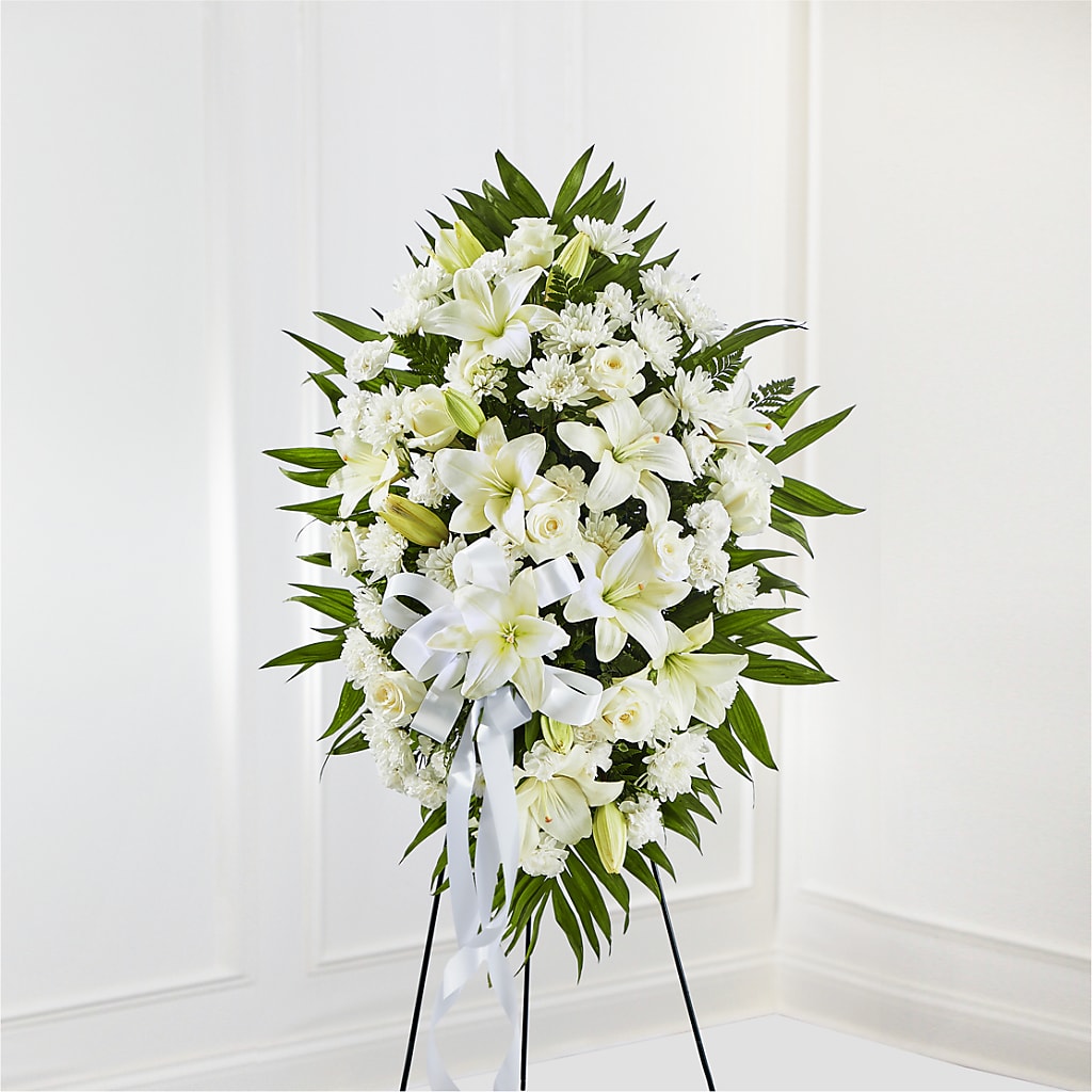 Exquisite Tribute Standing Spray-White Ribbon – Bush Flower Shop, North Augusta SC